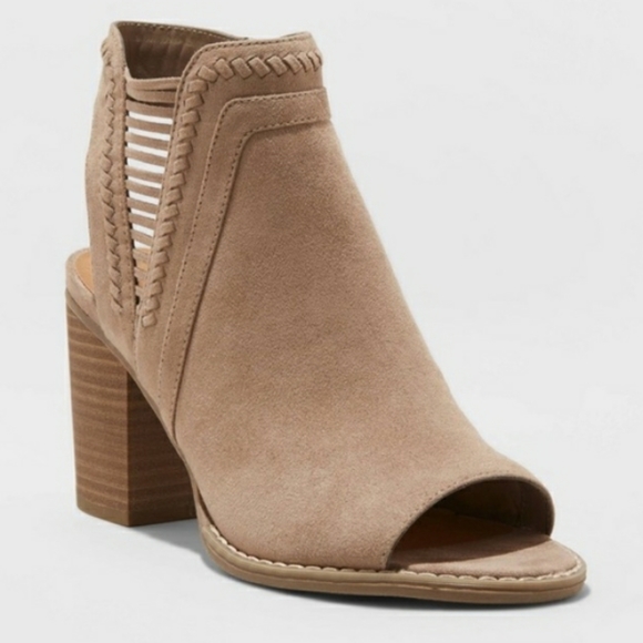 Universal Thread Shoes - Open Toe Laser Cut Taupe Heeled Booties